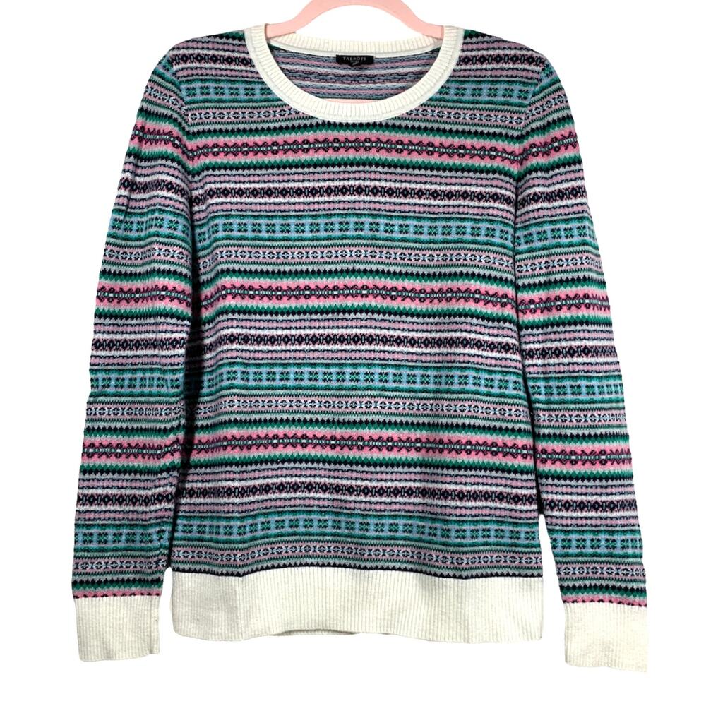 TALBOTS Pink Green Cream Gray Black Striped Plaid Long Sleeve Sweater SP